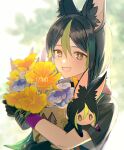  1boy :d animal_ear_fluff animal_ears ari_(bleum) artist_name bangs black_gloves black_hair bloom blunt_ends blurry blurry_background blush book bouquet brown_eyes character_doll commentary_request day flower fox_ears genshin_impact gloves green_eyes green_hair hair_between_eyes holding holding_bouquet hood hood_down hoodie light_particles looking_at_viewer male_focus multicolored_eyes multicolored_hair mushroom open_mouth outdoors short_hair short_sleeves sidelocks smile solo tighnari_(genshin_impact) tree turtleneck twitter_username two-tone_hair upper_body wrist_cuffs yellow_flower 