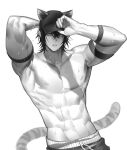  1boy abs adjusting_clothes adjusting_headwear animal_ears arknights arm_strap armpits arms_up baseball_cap broca_(arknights) cat_ears cat_tail commentary_request ears_through_headwear greyscale hair_between_eyes hat highres male_focus monochrome muscular short_hair solo sweat tail topless_male upper_body zerg_(z79438659) 