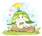  :3 arama_(genshin_impact) aranara_(genshin_impact) blue_sky cloud commentary_request flower full_body genshin_impact grass heart highres k_k_(adkk8243) leaf log looking_at_viewer moss mushroom no_humans pink_flower plant red_scarf scarf sitting sitting_on_log sky smile stick white_background yellow_flower 