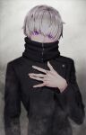  1boy blurry bob_cut grey_hair hair_over_eyes high_collar highres inumaki_toge jujutsu_kaisen jujutsu_tech_uniform long_sleeves looking_at_viewer male_focus purple_eyes smoke solo tatsuhi226 upper_body zipper zipper_pull_tab 