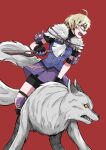  1girl ahoge ascot black_shorts blonde_hair blue_eyes blue_shirt cherch_(cherch0333) commentary fangs fire_emblem fire_emblem_engage fur_trim highres holding holding_knife holding_weapon knife merrin_(fire_emblem) open_mouth purple_skirt red_background riding shirt short_hair short_sleeves shorts shorts_under_skirt simple_background skirt thigh_strap weapon white_ascot wolf 