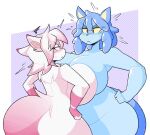  anthro big_breasts big_butt blue_body blue_eyes blue_hair blush breast_squish breasts butt domestic_cat duo felid feline felis female hair hand_on_hip huge_breasts mammal nonarycubed pink_hair squish tail thick_thighs white_body wide_hips yellow_sclera 