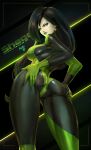  1girl ass black_bodysuit black_gloves black_hair bodysuit breasts character_name commentary earrings english_commentary english_text felox08 glint gloves green_bodysuit green_eyes green_gloves grin hands_on_own_ass jewelry kim_possible large_breasts long_hair looking_at_viewer seductive_smile shego simple_background smile spread_ass two-tone_bodysuit 