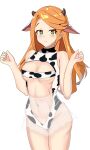  1girl absurdres animal_ears animal_print bare_arms bare_shoulders blush breasts commentary_request cow_ears cow_horns cow_print cowboy_shot etie_(fire_emblem) fire_emblem fire_emblem_engage green_eyes hands_up highres horns kemonomimi_mode leotard long_hair looking_at_viewer medium_breasts navel orange_hair see-through shincito simple_background solo standing stomach thighs white_background 