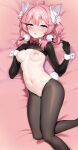  1girl absurdres ahegao ahoge animal_ears black_gloves blue_eyes breasts cat_ears cat_girl copyright_request cum cum_on_hair facial gloves highres medium_breasts meme_attire navel pink_hair reverse_bunnysuit reverse_outfit short_hair solo stomach topu 