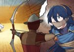  1boy 1girl 1other arrow_(projectile) bdsm blue_eyes blue_hair bondage bound bow_(weapon) commentary commission drawing_bow fire_emblem fire_emblem_awakening gagged hair_between_eyes hairband hiomaika holding holding_bow_(weapon) holding_weapon long_hair lucina_(fire_emblem) rope upper_body very_long_hair weapon 