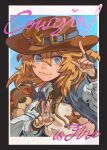  1boy absurdres androgyne_symbol bangs black_gloves blonde_hair blue_eyes blue_jacket bridget_(guilty_gear) closed_mouth cow_boy cowboy_hat english_text fingerless_gloves fingernails gloves guggy_(guirgaleo) guilty_gear guilty_gear_strive hat highres jacket lips long_sleeves looking_at_viewer male_focus medium_hair open_clothes open_jacket otoko_no_ko sheriff_badge shirt smile solo source_quote stuffed_animal stuffed_toy teddy_bear upper_body v white_shirt zipper_pull_tab 
