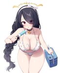  1girl :o absurdres bare_arms bare_shoulders bikini black_choker black_hair blue_archive braid breasts choker cleavage collarbone cooler cowboy_shot dripping eyes_visible_through_hair food frilled_bikini frills hairband halo halterneck highres hinata_(blue_archive) holding large_breasts leaning_forward long_hair looking_at_viewer metaljelly open_mouth popsicle red_eyes simple_background single_braid solo standing string_bikini swimsuit thigh_gap thighs very_long_hair white_background white_bikini 