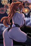  1girl absurdres android_21 animal_ears ass back bare_shoulders black_leotard black_thighhighs blue_eyes breasts brown_hair closed_mouth dragon_ball dragon_ball_fighterz earrings fake_animal_ears fake_tail fireworks from_behind gold_collar highleg highleg_leotard highres hoop_earrings jewelry leotard long_hair looking_at_viewer looking_back pea-bean playboy_bunny ponytail rabbit_ears rabbit_tail sideboob smile solo tail thighhighs 