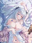  1girl absurdres arm_up armpits azur_lane bare_shoulders blue_flower blue_rose book breasts cleavage collarbone dakimakura_(medium) elbing_(azur_lane) elbing_(sleepless_night&#039;s_wishes)_(azur_lane) flower heterochromia highres jewelry large_breasts long_hair lying misheng_liu_yin navel necklace nightgown on_bed panties petals pillow rose rose_petals solo twintails underwear white_hair white_nightgown white_panties 