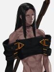  1boy abs absurdres androgynous asymmetrical_sleeves bare_shoulders black_choker black_hair choker guilty_gear guilty_gear_xx highres long_hair looking_at_viewer male_focus navel red_eyes scythe sokuse_kienta testament_(guilty_gear) 