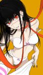  1girl black_hair black_nails bow bow_panties bra breasts chainsaw_man collar cross_scar earrings english_commentary highres jewelry leash long_hair looking_at_viewer medium_breasts nail_polish orange_background panties parted_lips red_collar red_eyes ringed_eyes sailen0 scar scar_on_cheek scar_on_face smile solo strap_slip striped striped_thighhighs thighhighs underwear underwear_only white_bra white_panties yoru_(chainsaw_man) 