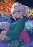  1girl aerial_fireworks aqua_kimono asymmetrical_hair blush closed_mouth cypress fireworks hand_fan highres holding holding_fan japanese_clothes kantai_collection kimono long_hair long_sleeves looking_at_viewer obi revision sash smile solo twitter_username unryuu_(kancolle) white_hair wide_sleeves yellow_eyes yukata 