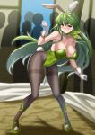  1girl absurdres alternate_costume animal_ears bare_shoulders blush breasts choker cleavage commentary_request covered_navel crowd fake_animal_ears fake_tail fire_emblem fire_emblem:_shadow_dragon_and_the_blade_of_light gloves green_choker green_footwear green_hair grey_eyes grey_pantyhose hand_up highres large_breasts leaning_forward long_hair looking_at_viewer palla_(fire_emblem) pantyhose rabbit_ears rabbit_tail shoes sirano standing tail thighband_pantyhose very_long_hair white_gloves 