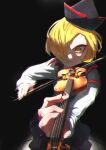  1girl absurdres black_background blonde_hair chromatic_aberration dark_background foreshortening hair_over_one_eye hat highres holding holding_instrument instrument lunasa_prismriver motion_blur music perspective playing_instrument serious short_hair simple_background solo sotatsudraw touhou tsurime violin yellow_eyes 