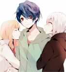  1girl 2boys amano_hina_(blackish_house) black_hoodie blackish_house blonde_hair blue_hair closed_eyes double_arm_hug grey_hair highres hood hood_down hoodie long_hair long_sleeves multiple_boys ousaka_haruma red_eyes short_hair skunlv white_background yuuki_nayuta 