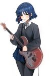  1girl absurdres bangs black_pantyhose blue_hair blue_skirt blush bocchi_the_rock! closed_mouth collared_shirt frown guitar highres holding holding_instrument instrument kiritzugu long_sleeves looking_at_viewer mole mole_under_eye pantyhose pleated_skirt shirt simple_background skirt solo standing sweater white_background white_shirt yamada_ryou yellow_eyes 