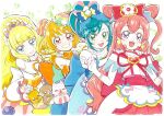  4girls absurdres back_bow blonde_hair blue_eyes blue_hair bow bun_cover cone_hair_bun cure_finale cure_precious cure_precious_(party_up_style) cure_spicy cure_yum-yum delicious_party_precure drill_hair earrings fuwa_kokone green_eyes hair_bun hanamichi_ran hands_on_another&#039;s_shoulders highres itaoka1 jewelry kasai_amane kome-kome_(precure) long_hair magical_girl mem-mem_(precure) multiple_girls nagomi_yui pam-pam_(precure) pink_hair pink_lips precure purple_eyes recipipi red_eyes side_ponytail smile twin_drills very_long_hair wide_ponytail 