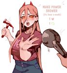  1girl absurdres blood_drip blush brown_hair chainsaw_man cross-shaped_pupils hair_between_eyes hair_over_shoulder hammer highres holding holding_hammer holding_shower_head horns long_hair looking_at_viewer maggoo meme open_mouth pink_shirt power_(chainsaw_man) red_horns sharp_teeth shirt shirt_tucked_in shower_head simple_background sweatdrop symbol-shaped_pupils teeth twitter_strip_game_(meme) white_background yellow_eyes 