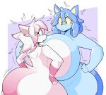  anthro big_breasts big_butt blue_body blue_eyes blue_hair blush blush_lines breast_expansion breast_squish breasts butt butt_expansion domestic_cat duo expansion felid feline felis female hair hand_on_hip huge_breasts huge_butt hyper hyper_breasts mammal nonarycubed pink_hair squish tail thick_thighs white_body wide_hips yellow_sclera 