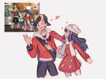  1boy 1girl black_hair blue_hair constarlations couple dawn_(pokemon) ethan_(pokemon) heart highres hood hoodie jacket pink_jacket pokemon poking red_jacket 