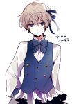  1boy absurdres alice_(taishou_x_alice) blonde_hair blue_eyes blue_pants blue_ribbon blue_vest closed_mouth frown hair_ribbon hand_on_hip highres long_sleeves male_focus pants ribbon shirt short_hair signature skunlv solo taishou_x_alice vest white_background white_shirt 