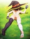  1girl after_anal after_sex anus ass asymmetrical_legwear back bandaged_leg bandages black_thighhighs brown_hair cum cum_in_ass cum_on_ass cum_on_back cum_on_body cumdrip feet fingerless_gloves from_behind full_body gloves grass hat highres kono_subarashii_sekai_ni_shukufuku_wo! legs lying megumin no_shoes on_stomach outdoors pumpkinsinclair pussy soles solo thighhighs thumbs_up toeless_legwear toes uncensored witch_hat 