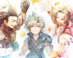  1girl 2boys aerith_gainsborough arm_ribbon armor bangle bangs black_gloves black_hair black_shirt blonde_hair blue_eyes bracelet braid braided_ponytail brown_hair choker clenched_hand closed_eyes cloud_strife dirty dirty_face dress falling_flower final_fantasy final_fantasy_vii final_fantasy_vii_advent_children flower gloves gomato hair_between_eyes hair_slicked_back injury jacket jewelry lily_(flower) long_hair multiple_boys open_mouth outstretched_arms parted_bangs pink_dress pink_ribbon red_jacket ribbon shirt short_hair shoulder_armor sideburns sidelocks single_bare_shoulder sleeveless sleeveless_shirt sleeveless_turtleneck smile spiked_hair turtleneck upper_body yellow_flower zack_fair 
