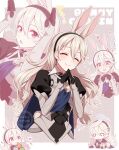  1girl animal_ears armor bangs blush breasts bunny_pose cape chibi corrin_(female)_(fire_emblem) corrin_(fire_emblem) fire_emblem fire_emblem_fates gloves hair_between_eyes hair_ears hair_ornament hairband highres hiyori_(rindou66) long_hair multiple_girls open_mouth pointy_ears rabbit_ears rabbit_girl rabbit_tail red_eyes simple_background slit_pupils smile solo tail white_hair 