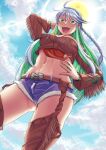  1girl ass_visible_through_thighs belt belt_buckle blue_hair blue_shorts blue_sky bracelet braid breasts brown_belt buckle chaps cloud cloudy_sky colored_inner_hair commentary crop_top denim denim_shorts fate/grand_order fate_(series) fringe_trim green_eyes green_hair hand_on_hip highres jewelry kikyouta kukulkan_(fate) large_breasts long_hair looking_at_viewer midriff multicolored_hair navel open_mouth sharp_teeth short_shorts shorts single_braid sky smile stomach sun teeth thighhighs thighs tongue 