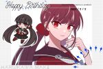  108_(toowa) 1girl bangs black_sailor_collar black_skirt brown_hair character_name chibi danganronpa_(series) danganronpa_v3:_killing_harmony dated hair_ornament hair_scrunchie hand_up happy_birthday harukawa_maki highres long_hair looking_at_viewer low_twintails mole mole_under_eye multiple_views parted_lips pleated_skirt portrait red_scrunchie red_shirt red_thighhighs sailor_collar scrunchie shirt skirt star_(symbol) star_print teeth thighhighs twintails very_long_hair 