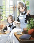  2girls apron blue_eyes blurry book box brown_hair closed_eyes coffee_cup commentary cup day depth_of_field disposable_cup embroidery indoors long_hair maid maid_apron maid_headdress multiple_girls original plant potted_plant sitting steam watering_can yoshitake 