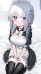  1girl @_@ absurdres apron bandaid bandaid_on_cheek bandaid_on_face bangs bed between_legs black_dress black_thighhighs blush bow breasts cleavage cleavage_cutout clothing_cutout collared_dress dress frilled_dress frills grey_hair hair_between_eyes hand_between_legs highres looking_at_viewer maid maid_headdress medium_breasts neku_(neku_draw) on_bed original pillow puffy_short_sleeves puffy_sleeves purple_eyes seiza short_sleeves sitting solo thighhighs white_apron white_bow 