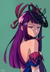  1girl bare_shoulders blue_dress bunne_(bunneart) commentary dress fire_emblem fire_emblem_engage green_background highres ivy_(fire_emblem) long_hair looking_at_viewer off-shoulder_dress off_shoulder purple_eyes purple_hair short_sleeves sidelocks simple_background solo upper_body very_long_hair 