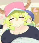  1girl =_= aetherion all_fours bare_shoulders baseball_cap bedroom black_tank_top blonde_hair blue_shorts blush blush_stickers breast_press breasts cleavage closed_mouth denim denim_shorts facing_viewer hair_between_eyes hat heart horns huge_breasts indoors kobayashi-san_chi_no_maidragon lucoa_(maidragon) shorts smile solo_focus tank_top 