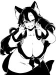  1girl absurdres animal_ear_fluff animal_ears bangs bent_over blush breasts claw_pose cleavage collarbone cowboy_shot dress fingernails greyscale grin hair_between_eyes highres himajin_noizu huge_breasts imaizumi_kagerou long_hair looking_at_viewer monochrome sharp_fingernails sidelocks simple_background smile solo tail touhou very_long_hair wolf_ears wolf_tail 