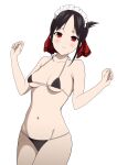  1girl bangs bare_shoulders bikini black_bikini black_hair blush breasts coro_fae fingernails folded_ponytail hair_ribbon halterneck hands_up highres kaguya-sama_wa_kokurasetai_~tensai-tachi_no_renai_zunousen~ looking_at_viewer maid_headdress navel paid_reward_available parted_bangs parted_lips red_eyes red_ribbon ribbon shinomiya_kaguya sidelocks simple_background small_breasts solo stomach string_bikini sweatdrop swimsuit thighs white_background 