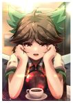  1girl :d absurdres ahoge arm_support artist_name blurry blurry_background blush border bow brown_hair coffee_cup cup disposable_cup green_bow hair_bow hands_on_own_cheeks hands_on_own_face head_rest heart heart_in_eye highres long_hair looking_at_viewer open_mouth red_eyes reiuji_utsuho saucer shirt short_sleeves smile solo symbol_in_eye third_eye touhou twitter_username upper_body varia_kimagure white_border white_shirt 