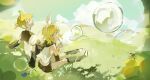  1boy 1girl ahoge aqua_eyes back bare_shoulders between_legs blonde_hair blue_sky bow bubble bubble_blowing bubble_wand cloud crop_top detached_sleeves grass hair_bow hair_ornament hairclip hand_between_legs headphones headset kagamine_len kagamine_rin leg_warmers looking_at_viewer looking_back looking_to_the_side sailor_collar sailor_shirt shirt short_ponytail short_sleeves shorts sideways_glance sitting sketch sky sleeveless sleeveless_shirt turning_head vocaloid white_bow zeriko 
