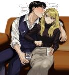 1boy 1girl absurdres anger_vein black_hair black_shirt blonde_hair blush breasts couch cup drunk earrings eye_contact fullmetal_alchemist heart hetero highres holding holding_cup jewelry large_breasts long_sleeves looking_at_another on_couch ozaki_(tsukiko3) pearl_earrings pushing riza_hawkeye roy_mustang shirt simple_background sitting sleeves_rolled_up speech_bubble white_background 