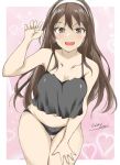  1girl ashigara_(kancolle) black_camisole black_panties breasts brown_eyes brown_hair camisole commentary_request cowboy_shot fang gakky hairband kantai_collection large_breasts long_hair panties pink_background skin_fang solo thigh_gap underwear white_hairband 