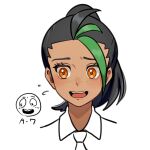  1girl bangs black_hair blush collared_shirt commentary_request echizen_(n_fns17) emoji eyelashes flying_sweatdrops freckles green_hair looking_down multicolored_hair necktie nemona_(pokemon) open_mouth orange_eyes pokemon pokemon_(game) pokemon_sv ponytail shirt solo teeth tongue two-tone_hair upper_teeth_only white_background white_necktie white_shirt 