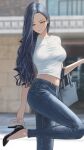  1girl adjusting_footwear asymmetrical_hair bag black_footwear blue_hair blurry blurry_background breasts building commentary crop_top cropped_shirt day denim eyelashes forehead hair_over_shoulder handbag hara_kenshi high_heels highres jeans jewelry kimishima_touka large_breasts leg_up legs long_eyelashes long_hair looking_away looking_down midriff navel necklace original outdoors pants parted_lips shirt solo spade_(shape) spade_necklace standing standing_on_one_leg taut_clothes taut_shirt thighs very_long_hair wavy_hair white_shirt yellow_eyes 
