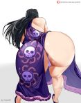  1girl absurdres anus anus_peek ass bent_over black_hair boa_hancock dress grey_background hellzwyn high_heels highres long_hair one_piece panties purple_dress purple_footwear purple_panties simple_background thong underwear 