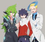  3boys :d :o bangs black_gloves black_hair black_jacket blonde_hair blue_hair bright_pupils coat colress_(pokemon) commentary_request fingerless_gloves glasses gloves green_hair hair_between_eyes high_collar hugh_(pokemon) jacket jewelry long_hair long_sleeves male_focus miyawaki multicolored_hair multiple_boys n_(pokemon) n_(sygna_suit)_(pokemon) official_alternate_costume open_mouth own_hands_together pants pokemon pokemon_(game) pokemon_bw2 pokemon_masters_ex red_jacket ring short_hair smile spiked_hair teeth tongue two-tone_hair white_coat white_gloves white_pupils yellow_eyes zipper_pull_tab 