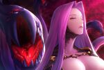  1girl breasts cleavage fate/grand_order fate_(series) forehead gorgon_(fate) large_breasts long_hair medusa_(fate) minami_koyogi purple_eyes purple_hair slit_pupils snake_hair solo 