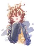  1girl :d agnes_tachyon_(umamusume) ahoge animal_ears bangs black_jacket brown_hair cropped_torso hair_between_eyes hand_up horse_ears ittokyu jacket long_sleeves looking_at_viewer open_clothes open_jacket red_eyes signature sleeves_past_fingers sleeves_past_wrists smile solo sweater_vest umamusume upper_body white_background 