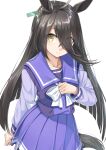  1girl animal_ears bangs black_hair bow brown_eyes closed_mouth commentary_request eyes_visible_through_hair hair_over_one_eye horse_ears horse_girl horse_tail long_hair long_sleeves looking_at_viewer manhattan_cafe_(umamusume) miri_(ago550421) pleated_skirt puffy_long_sleeves puffy_sleeves purple_shirt purple_skirt school_uniform shirt simple_background skirt smile solo tail tracen_school_uniform umamusume very_long_hair white_background white_bow 