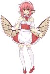  1girl alternate_costume animal_ears apron bangs bird_ears bird_wings blush brown_nails commission detached_collar dress earrings enmaided feathered_wings fingernails full_body gloves hair_between_eyes high_heels highres jewelry maid maid_apron maid_headdress mystia_lorelei nail_polish open_mouth pink_hair red_dress red_eyes red_footwear shamo_(koumakantv) short_hair simple_background single_earring skeb_commission solo touhou waist_apron white_apron white_background white_gloves white_wings wings wrist_cuffs 
