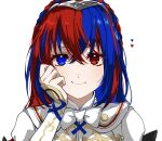  1girl absurdres adapted_costume alear_(female)_(fire_emblem) alear_(fire_emblem) armor bangs blue_eyes blue_hair braid crossed_bangs crown_braid fire_emblem fire_emblem_engage hand_on_own_face heterochromia highres illust_mi jewelry long_hair looking_at_viewer multicolored_hair red_eyes red_hair smile solo split-color_hair tiara two-tone_hair very_long_hair 